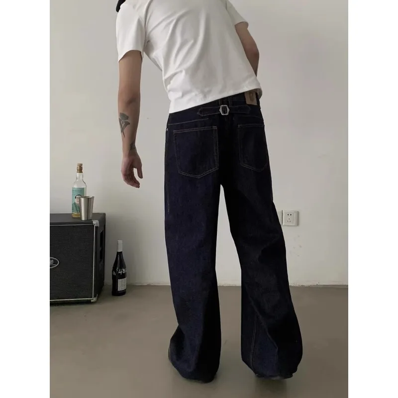 

Men Raw Denim Wide Leg Jeans Paris Buckle Vintage Loose Washed Straight Leg Baggy Pants Cleanfit Streetwear Trousers