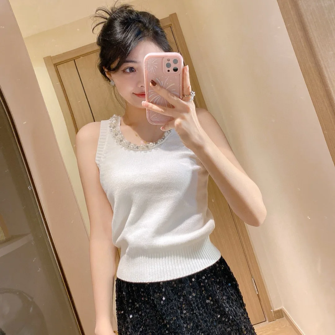 European Station Early Spring Heavy Industry Diamond Sequin Knitted Sleeveless Sweater Round Neck Tank Tops Women's Vest X948