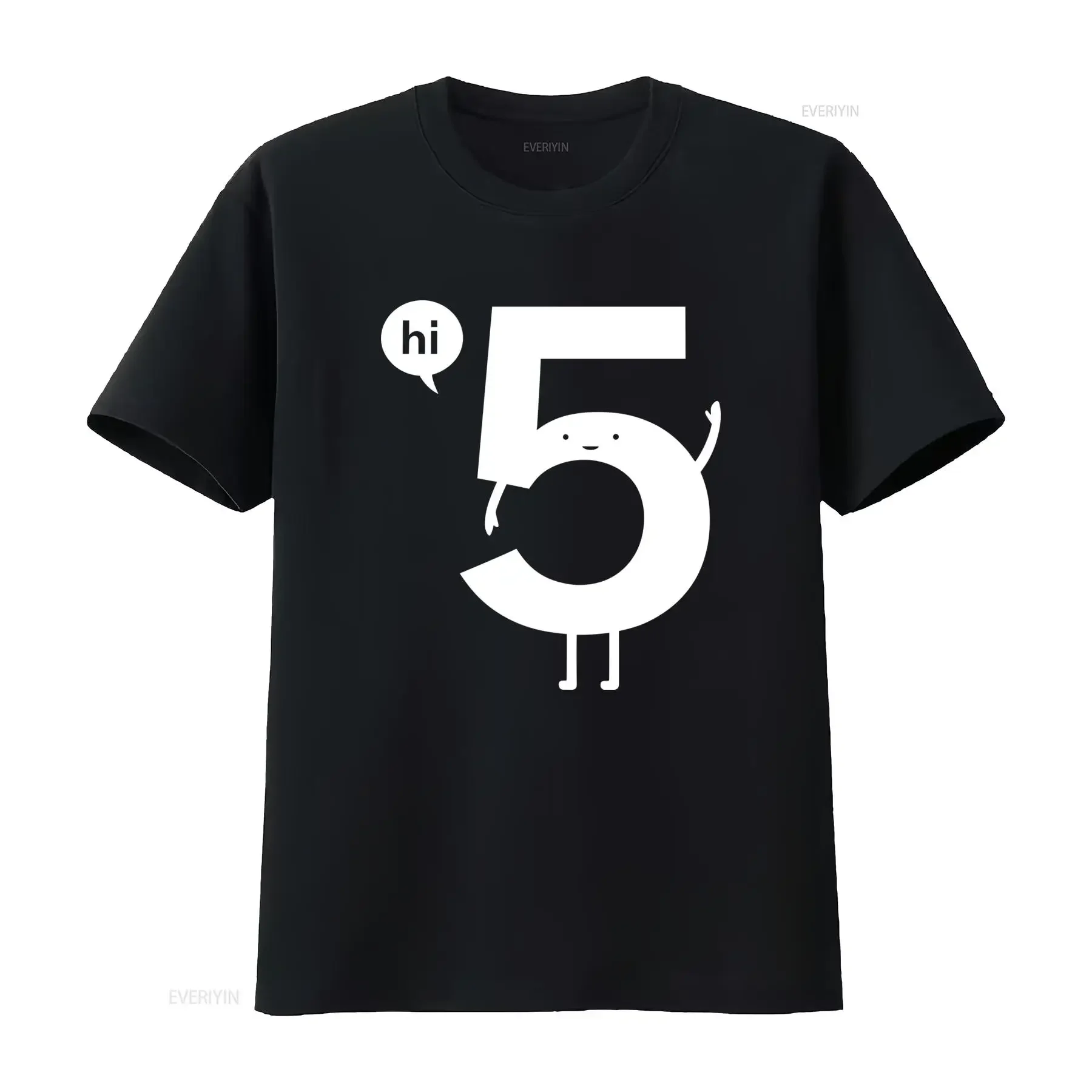 Cute Cartoon Number 5 Hi Greeting Black White Print Casual T Shirt vintage Washed Slightly Breathable streetwear homme fashion