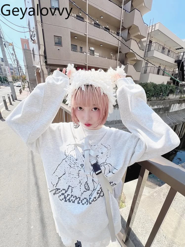 Słodkie, uniwersalne bluzy z kapturem z nadrukiem kreskówkowym, luźny krój, jesień-zima, nowa bluza z okrągłym dekoltem, długi rękaw, frotte, dla kobiet.