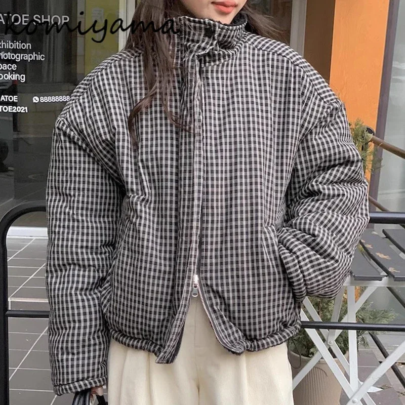 Two Ways Wear Abrigos Invierno Long Sleeve 2025 Woman Outerwears Winter Warm Jacket Stan De Collar Plaid Parkas Korean Coats