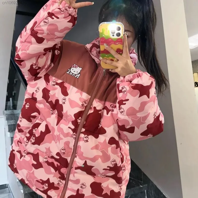 Sanrio hello kitty roupas nova estrela estilo americano solto outono inverno algodão acolchoado jaquetas mulheres camuflagem casaco na moda casal