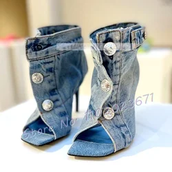 Open Toe Denim Ankle Boots Female Stylish Front Buttons High Heels Shoes Square Toe Party Women Buckle Strap Cool Cowboy Boots