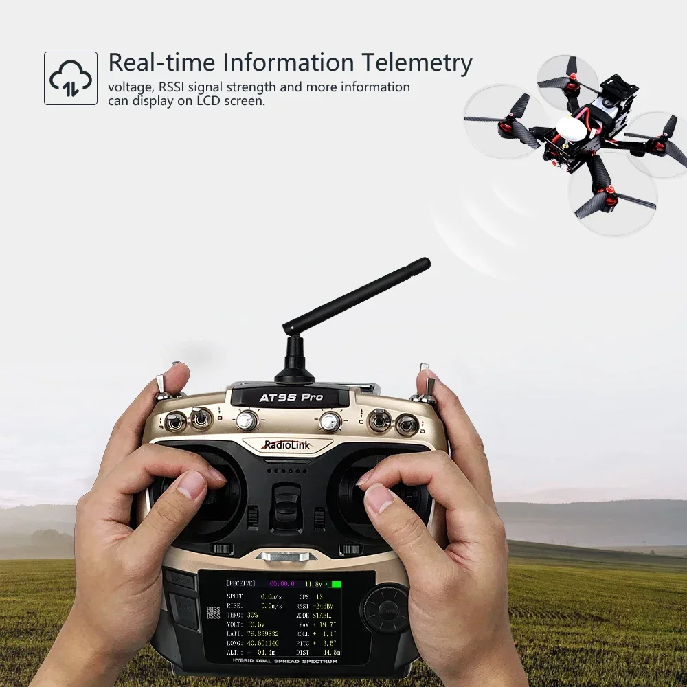 Transmisor RC Radiolink AT9S Pro 2.4G 10/12CH |   Receptor R9DS incluido – Ideal para drones de carreras y cuadricópteros FPV