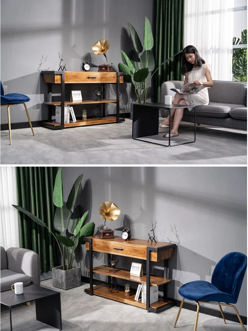 YFY  American Solid Wood Sideboard Tea Table Sofa Side Cabinet Iron Length Side Table Chest of Drawer