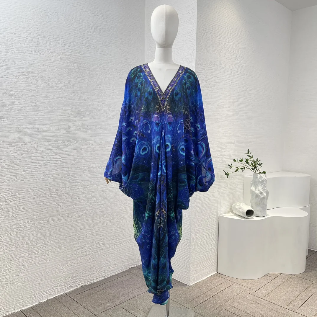 

2024 Spring Summer Blue Peacock Animals Print Long Sleeve Diamonds Pressed V-Neck Loose Midi Dress