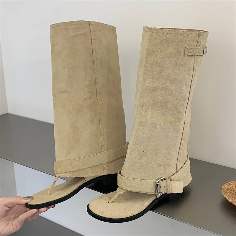 

Eilyken Summer Punk Style Round Clip Toe Women Knee High Boots Sandals Comfortable Square Low Heels Buckle Strap Shoes