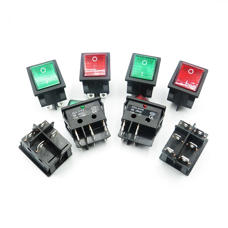 3PCS ，30A 250V high-power KCD4 Rocker switch 4/6PIN 25x31mm ON-OFF red light green light power switch