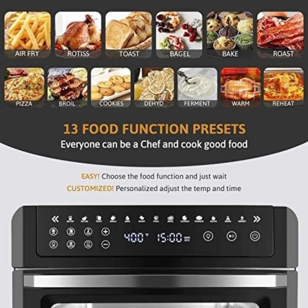 Gevi Lucht Friteuse Broodrooster Oven Combo, Grote Digitale Led Scherm Convectie Oven Met Rotisserie En Dehydrator, Extra Groot