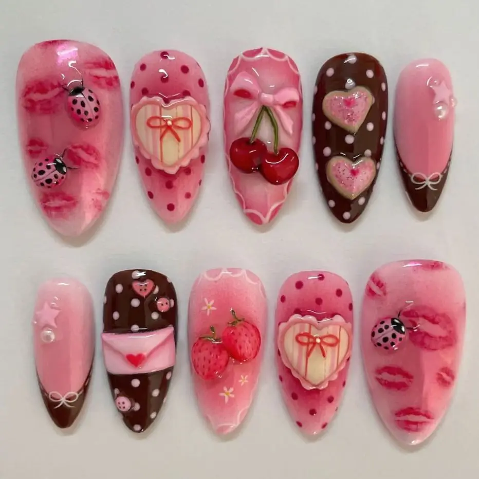 

24pcs Y2k Sweet Cool Press On Nails Gradient Blush Pink Almond False Nails Cute Cartoon Cherry Bowknots Decor French Fake Nail