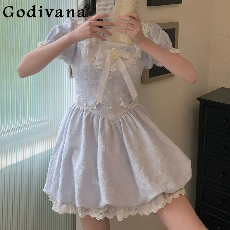 

Spring Summer New Sweet Japanese Puff Sleeve Vacation JK Dress Fashion High Waist A-line Cute Girl Age Reduction Short Dresses