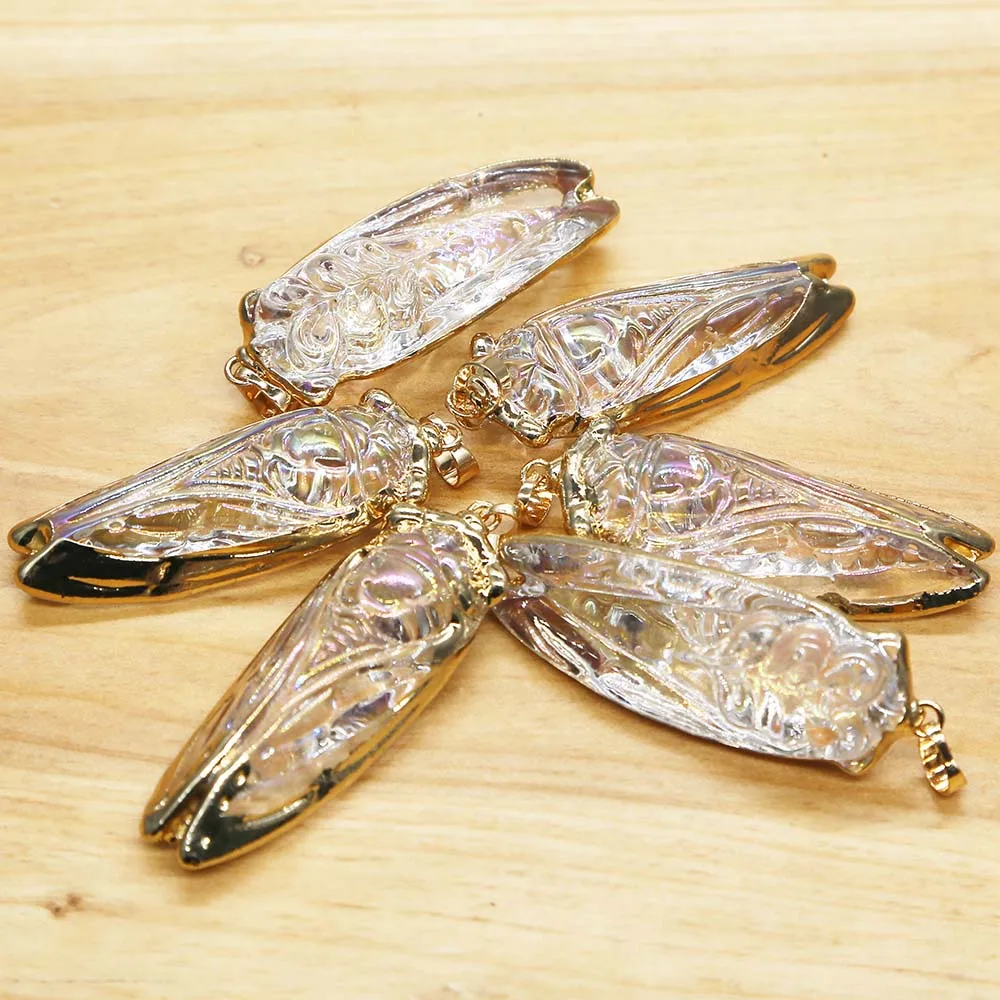 Synthetic Crystal Multicolor Cicada Cinging Gold Edge Necklace Pendants Color Changing Insect Jewelry Accessories Wholesale 8Pcs