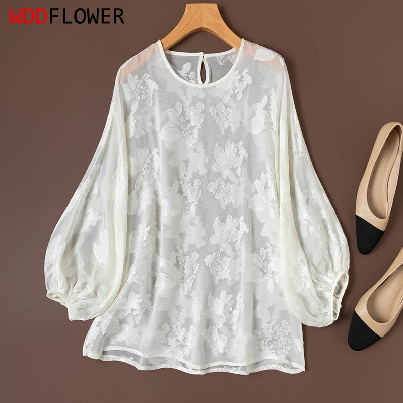 

Women Silk Blouse 100% Mulberry Semi-sheer Cream-White Floral Cutwork Silk Lantern Sleeve Pullover Top Shirt Office Lady M1638