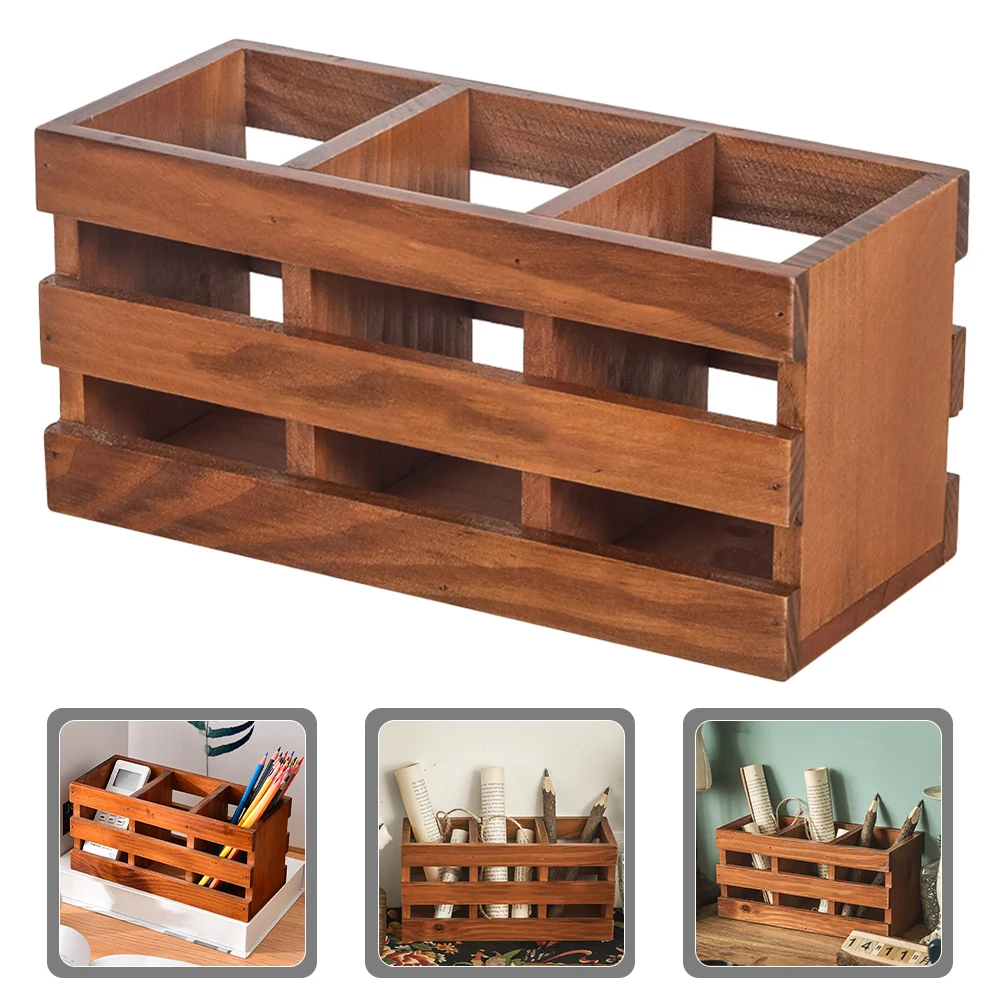 

3 Compartment Solid Wood Storage Box Desktop ganizer for Pens Pencils Remote Cosmetics Brush Brown Furniture Accessory