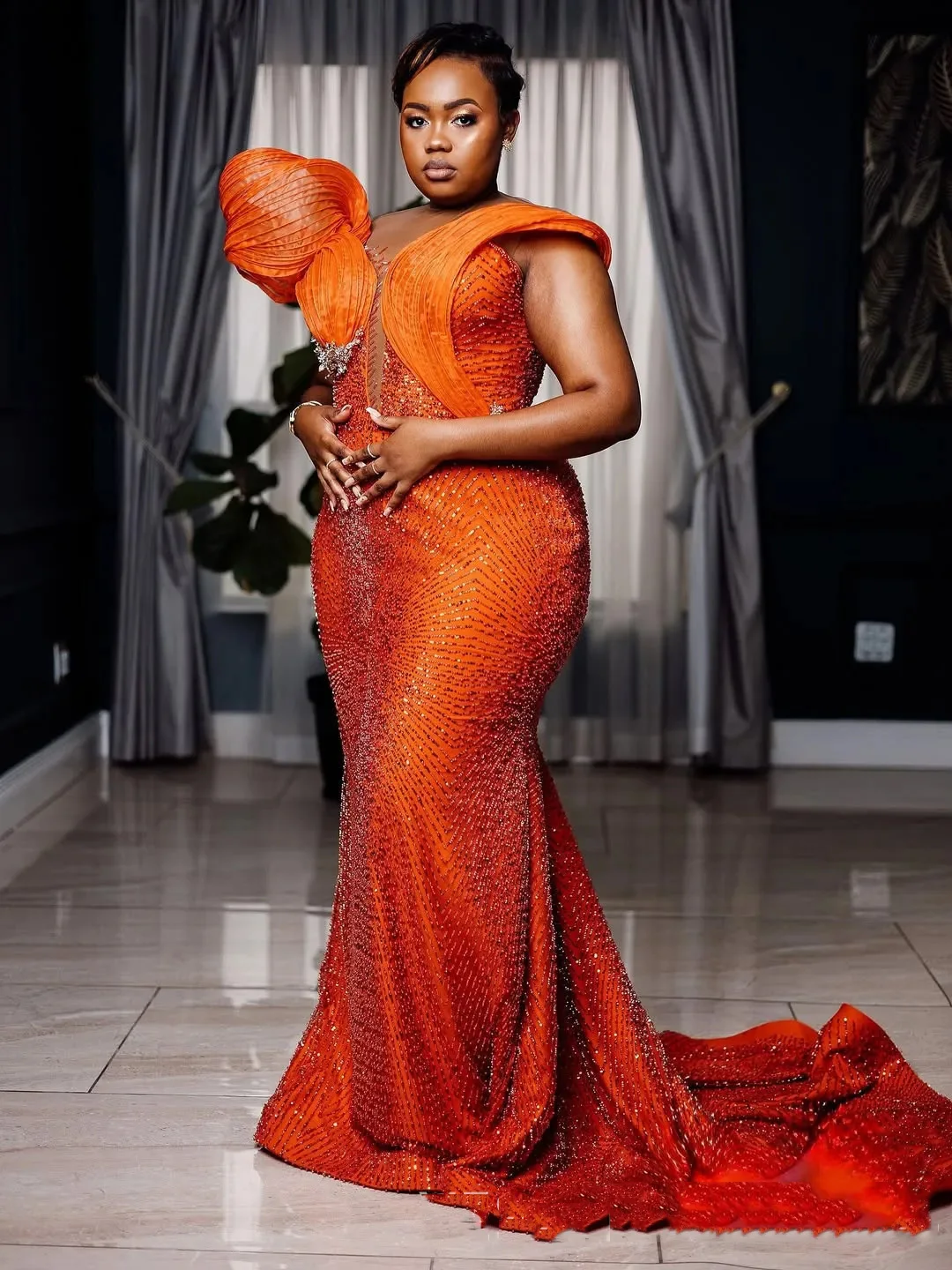 Custom Made Orange Aso Ebi Prom Dress Mermaid Sequins Pleated Shoulder Detail Evening Dresses Glitter Beaded Lace Formal Gowns image 2