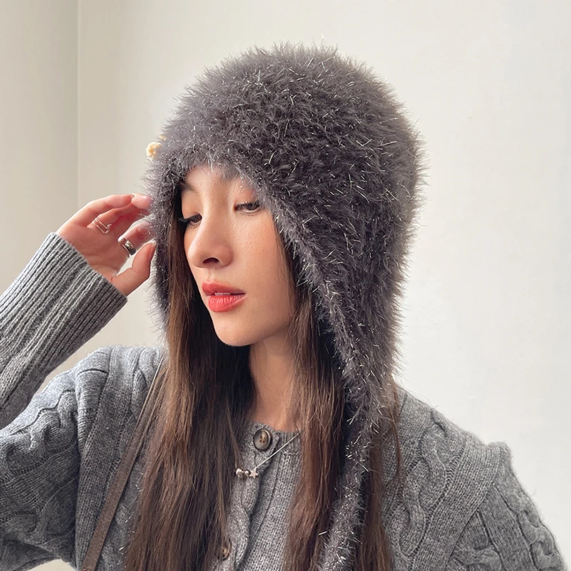 Ski Cycling Knitted Hat Autumn Winter Hat Female Cute Sweet Bow Knitted Wool Hat Fashion Plush Ear Protector Pullover Hat NEW