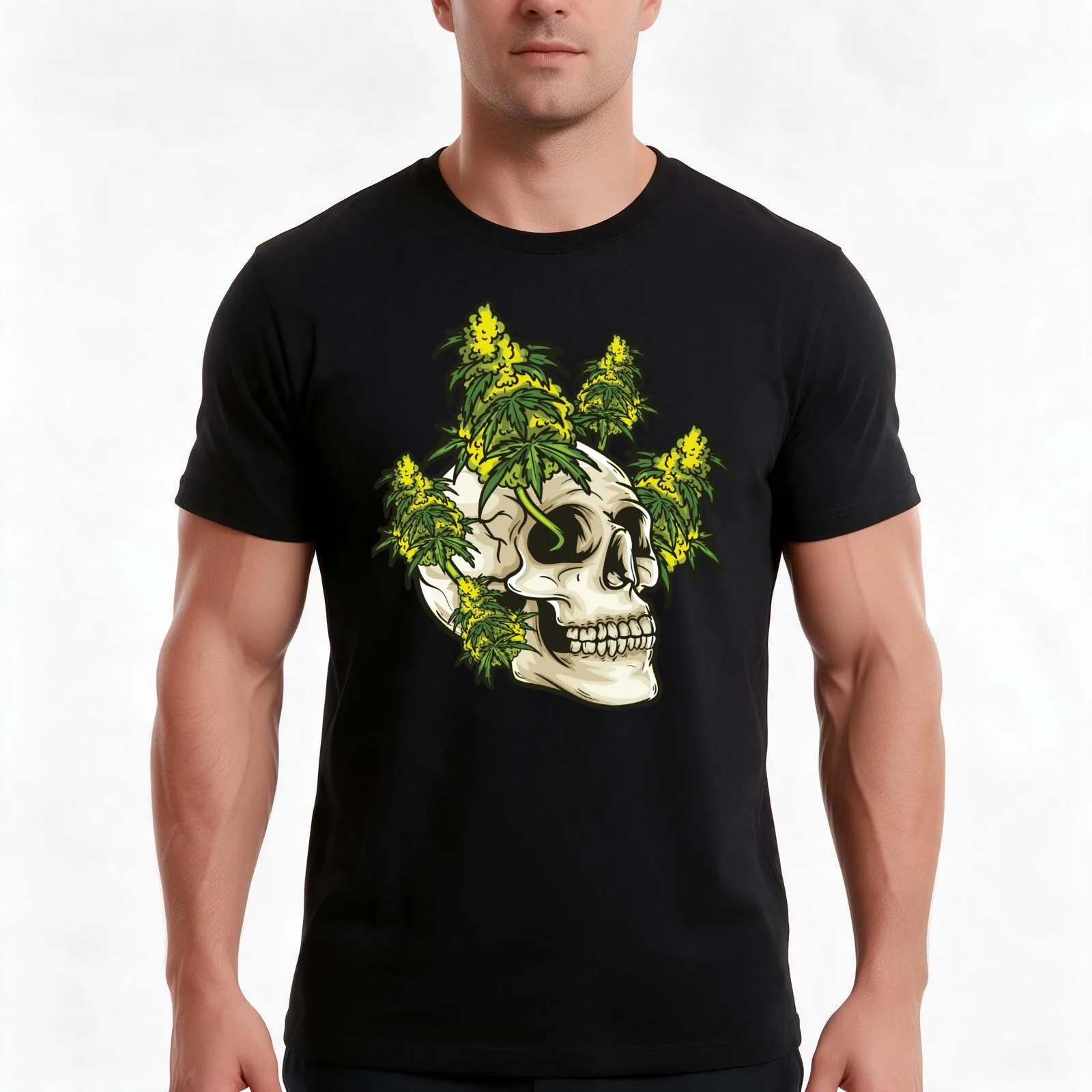 Skull with weed growing out of it T-Shirt, Summer Casual Cotton Tee, Oversized Streetwear Tops, Vintage Graphic Print