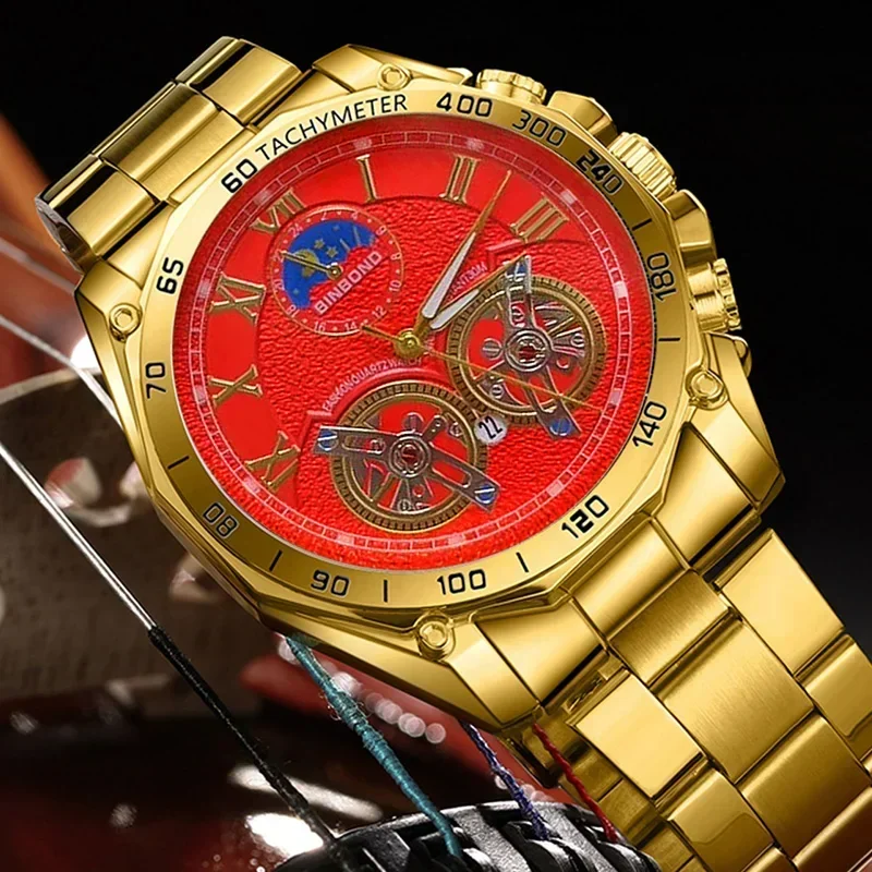 BINBOND лучший бренд класса люкс для мужчин креативные модные кварцевые часы из нержавеющей стали мужские повседневные деловые наручные часы B4833