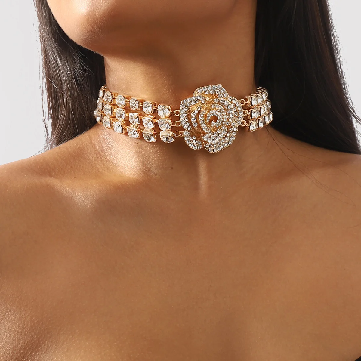 N11570 exaggerated diamond-set three-dimensional rose flower necklace, catwalk temperament multi-row flash diamond collarbone ch