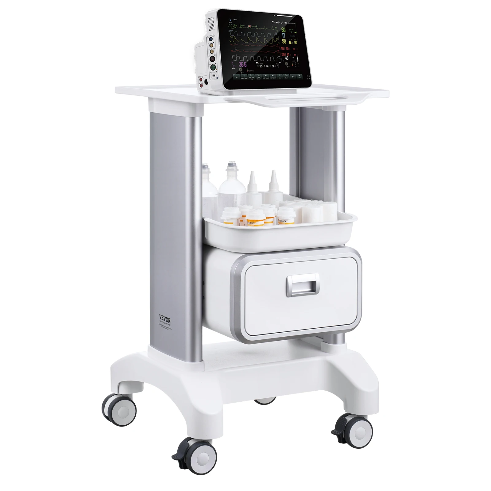 VEVOR-2 Tiers Lab Utility Cart, Médico móvel com material ABS, Carrinho de rolamento de laboratório para clínica, Hospital e salão
