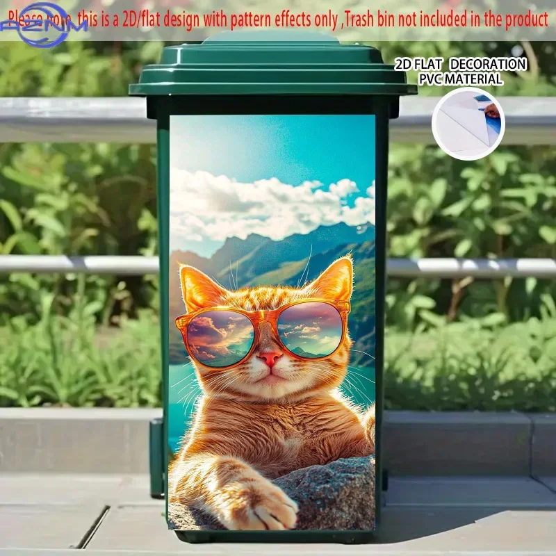 2D 1PCCool Cat with Sunglasses Self-Adhesive Dustbin Stickers, PVC Trash Can Decorative Stickers, Wheelie Bin Stickers,  Perfe