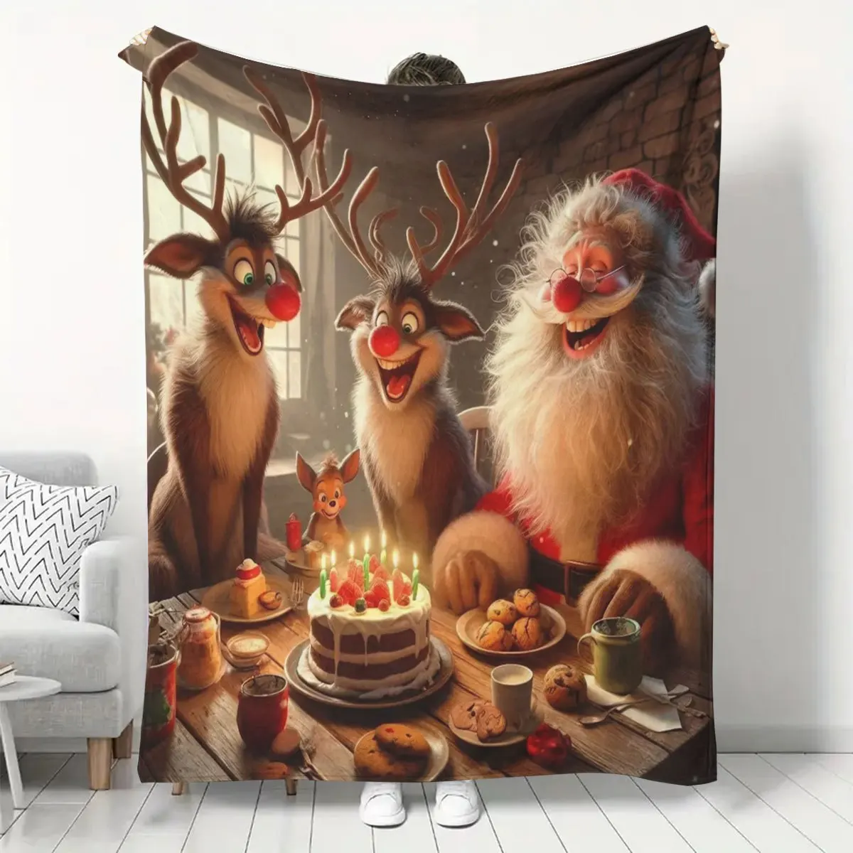 Santa Claus and Reindeer with Birthday Cake Design Pattern Throw Blanket, Air Conditioning Blanket, Flannel Dormitory Office Nap