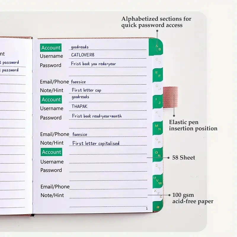 Cuaderno de contraseña de tapa dura con pestañas alfabéticas, Bloc de notas, almohadillas de escritura, suministros escolares de oficina