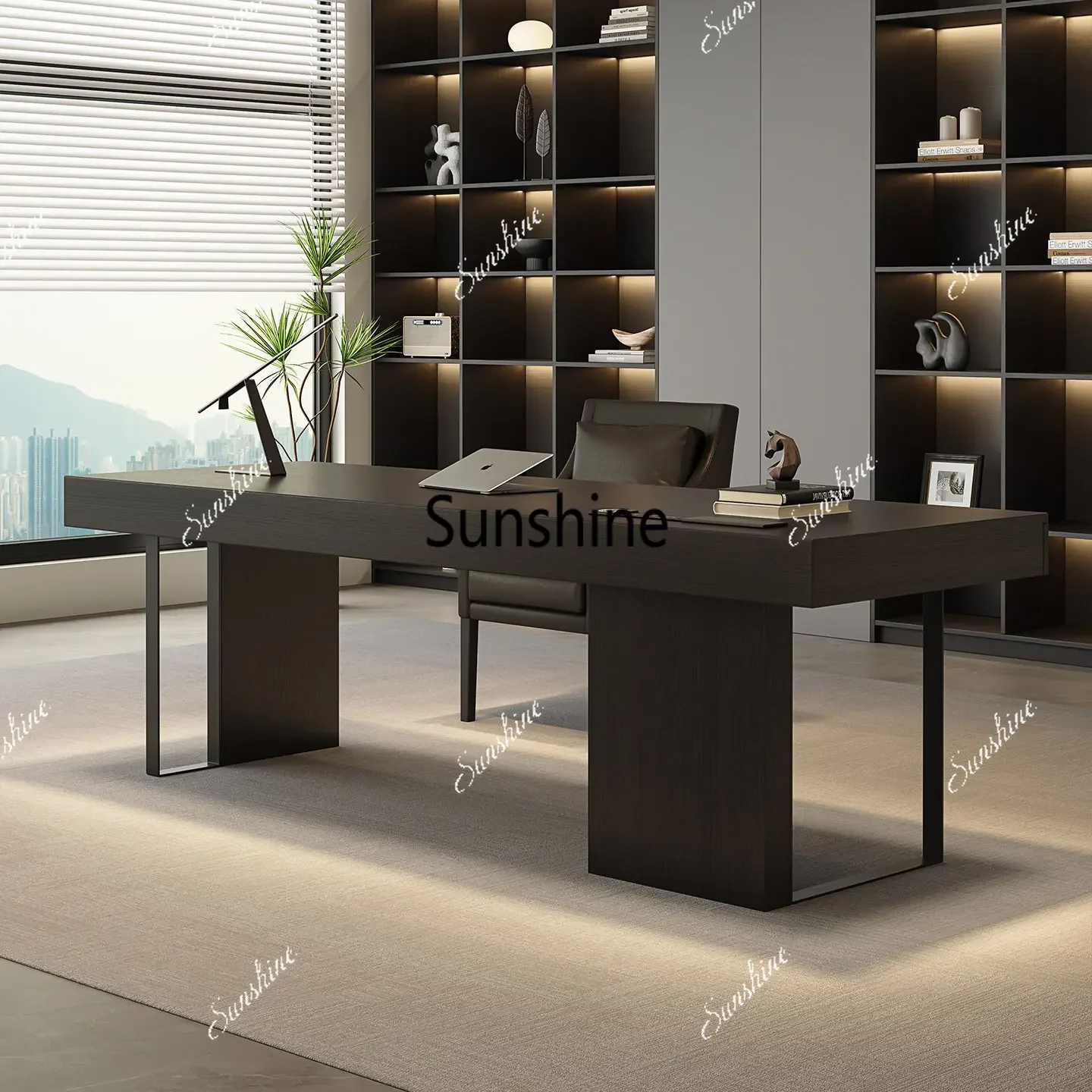 Solid wood desk, long table workbench behind household sofaTJ