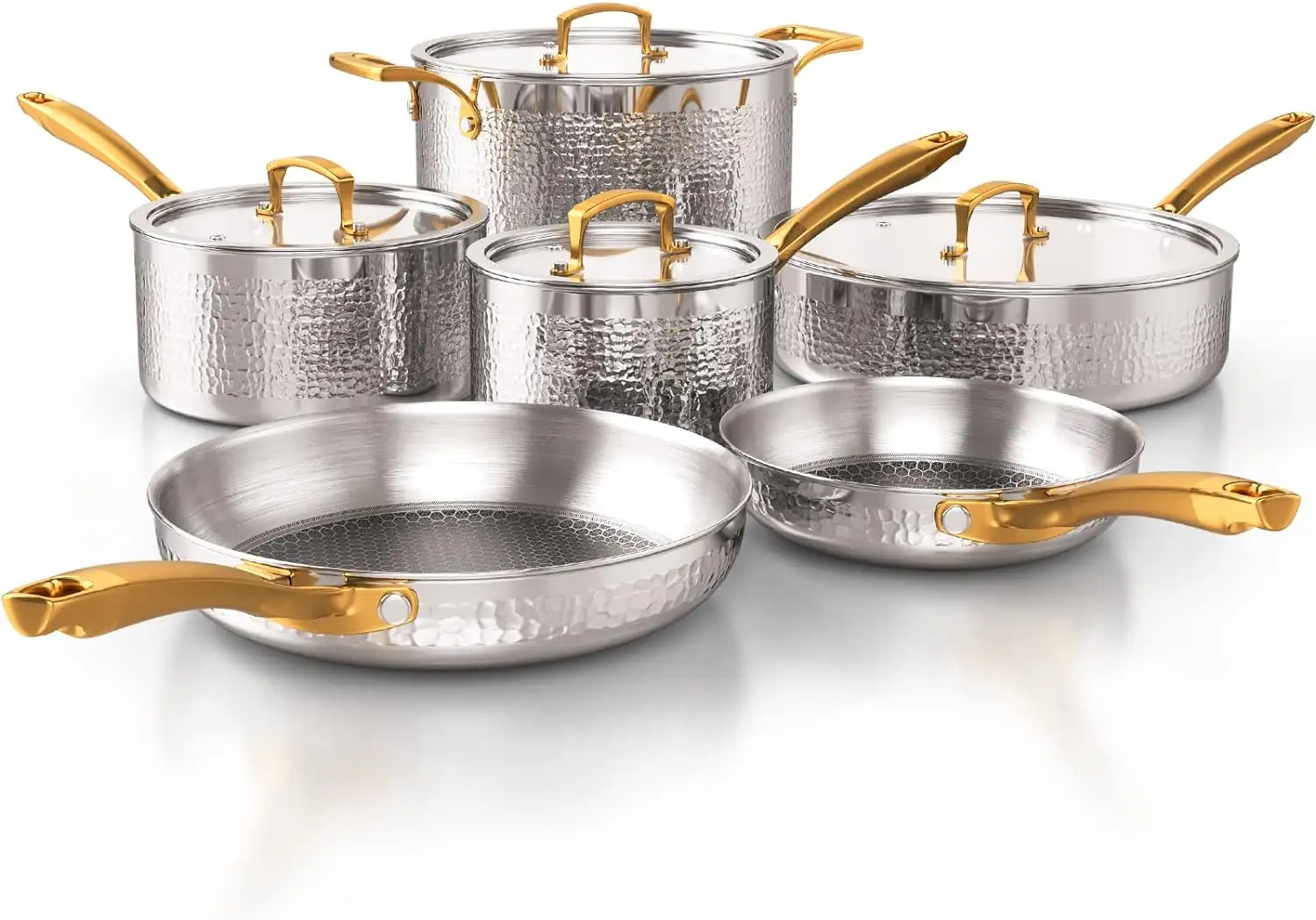 Pots and Pans Set, Tri-Ply Stainless Steel Hammered Kitchen Cookware, Induction Compatible, Dishwasher and Oven Safe, Non-Toxic,