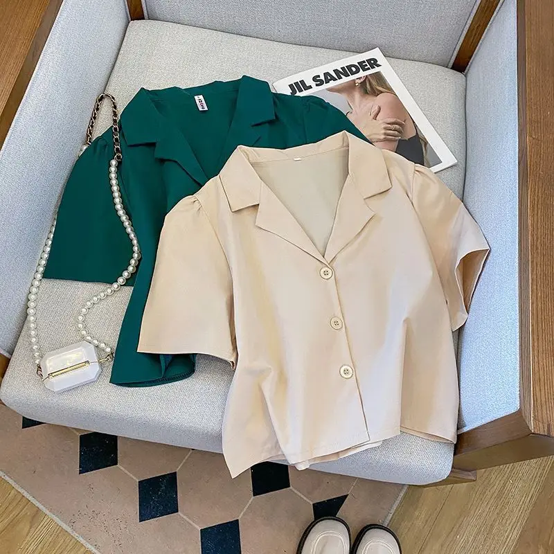 Women Clothing Korean Solid Short Blouse Summer New Short Sleeve Simplicity All-match Button Fashion Shirt Tops Casual Trend