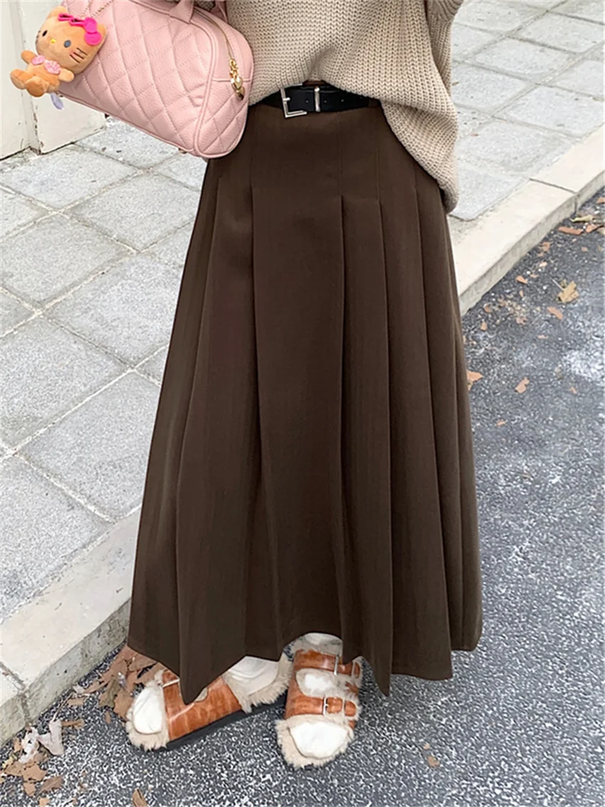 

Alien Kitty Autumn Woolen Women A-Line Maxi Skirts Chic 2023 Pleated Office Lady High Waist Streetwear Work Wear Solid Gentle