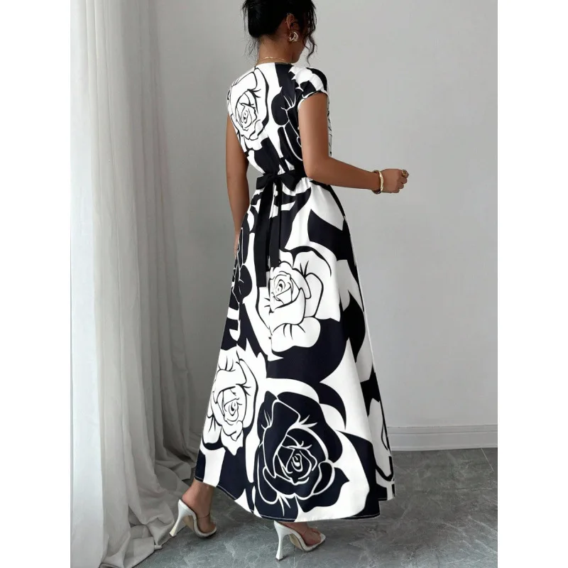 2026 Spring New Style Positioned Printed Belt French Floral Slimming Dress for Women
