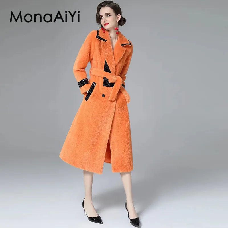 

MonaAiYi New Fashion Autumn Women's Fashion Turn-Down Collar Long Sleeved Single-Breasted Pocket Lace-Up Elegant Coat