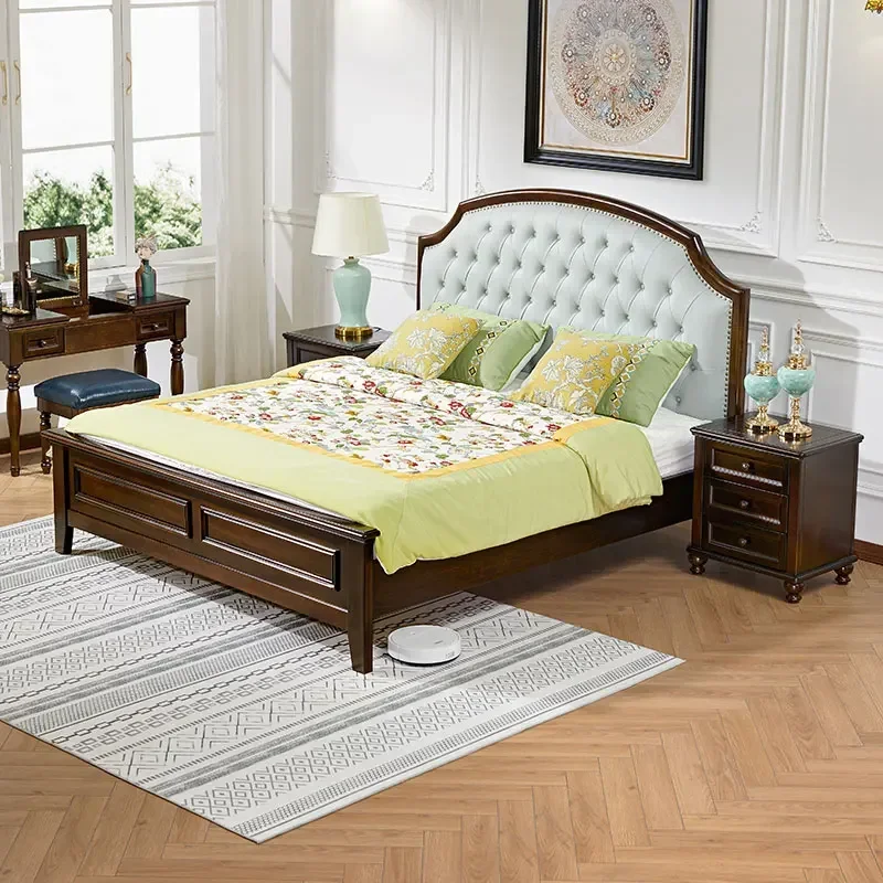 

Мягкая кровать из массива дерева, маленькая квартира, ретро, 1,8 м, главная спальня, брачная кровать, деревенская спальня, 1,5 м, двуспальная кровать из массива дерева