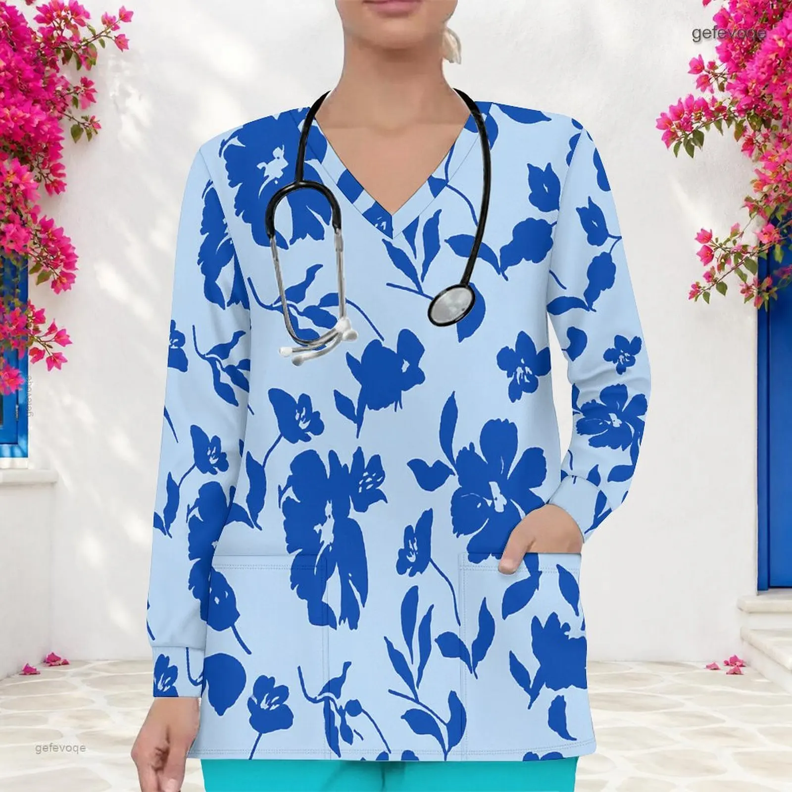 Women Printed Scrub Top V Neck Long Sleeve Front Pockets