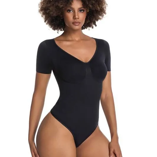 Naadloze korte mouw bodysuit, naadloze V-hals shapewear, hoge taille, knoop body shaper, onzichtbare, één geheel, buikcontrole