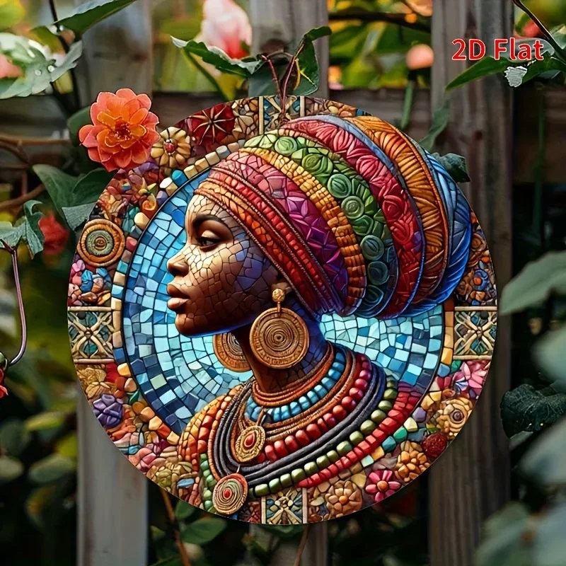 2D flat printing art decoration featuring African women - 1 circular wooden signboard measuring 8x8 inches, pre-drilled holes.