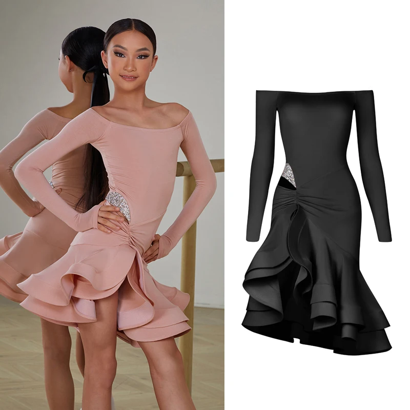 ZYM Latin Dance Competition Dress For Girls One Shoulder Dress Child Chacha Rumba Tango Latin Performance Dance Dress DQS15479