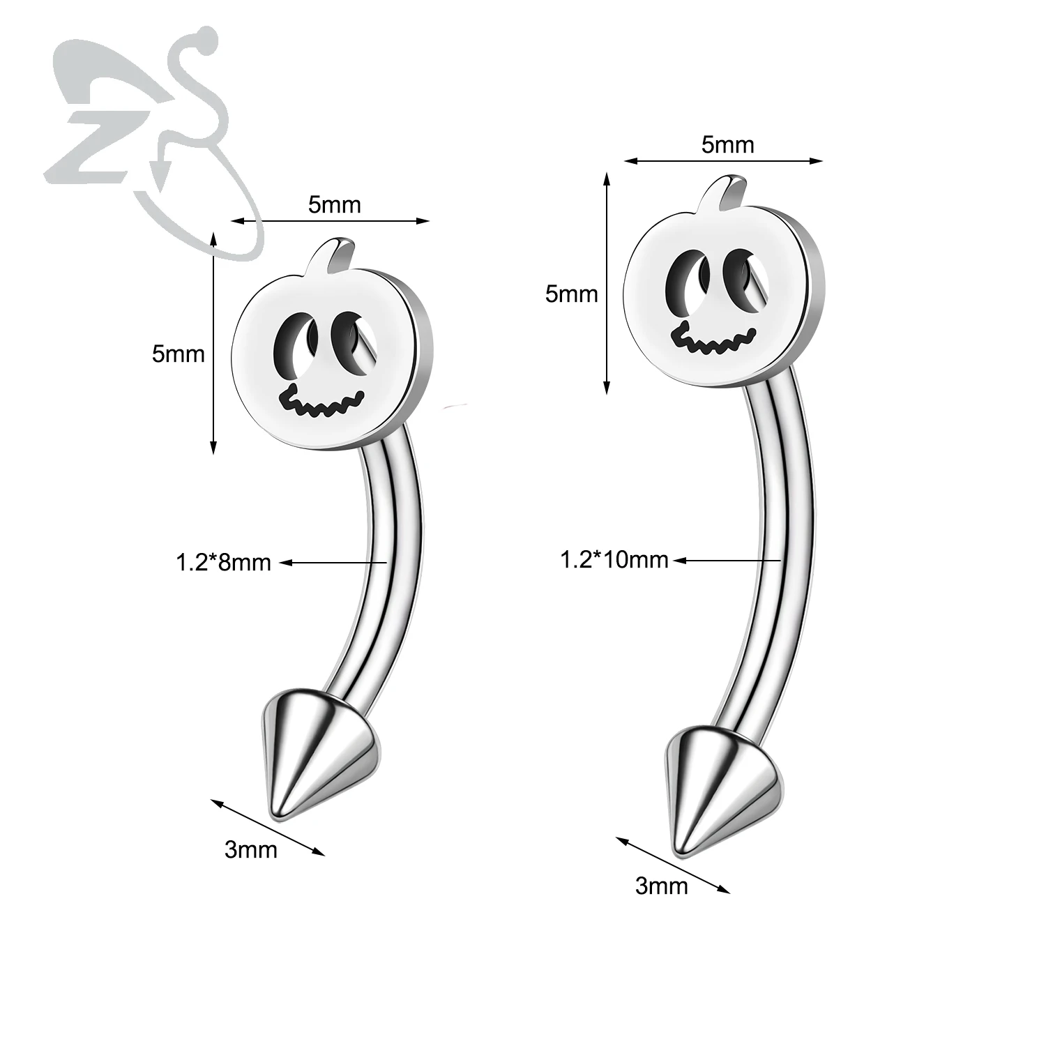 ZS 1PC 16G Pumpkin Bat Skull Bridge Piercing Stainless Steel Eyebrow Ring Curved Barbell Cartilage Earring Cone Labret Piercing