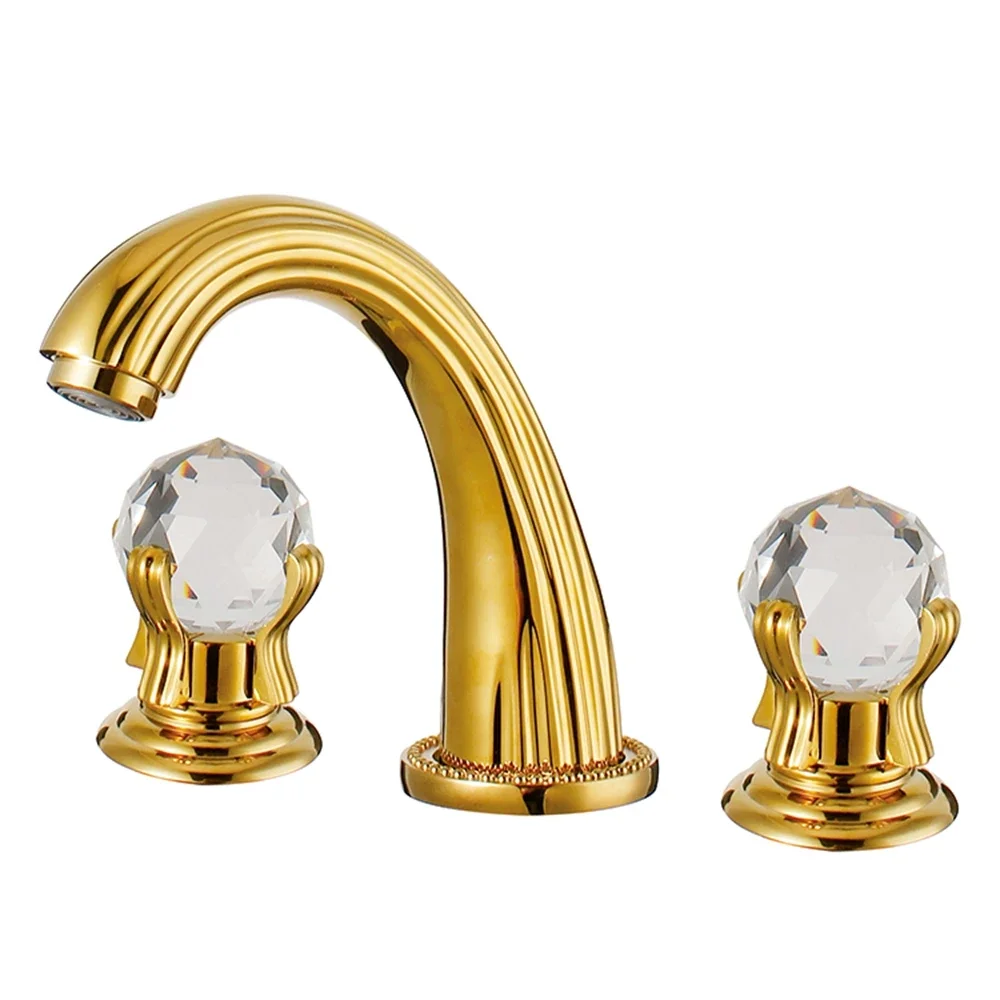 Classic Style Gold Basin Taps 3 Hole Wash Basin Mixer Tap Bathroom Tapware With Crystal Handles MLFALLS