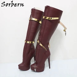 Sorbern Wine Red Knee High Boots For Women Metallic Gold Lockable Straps High Heel Stilettos Unisex Platform Shoes Custom