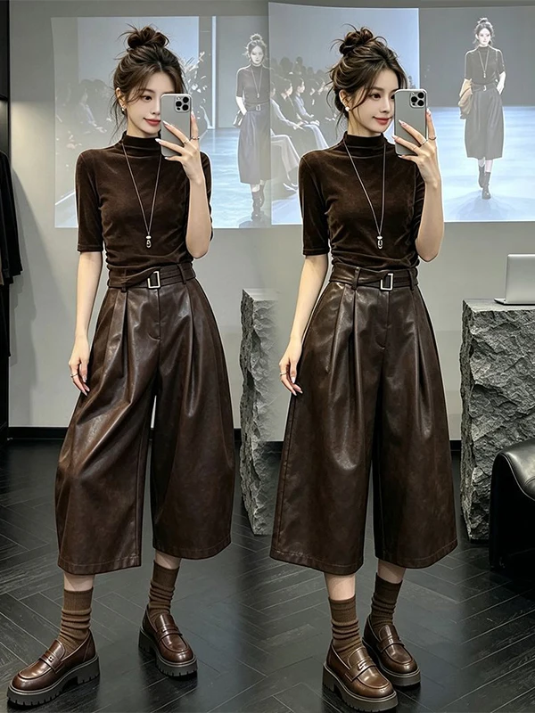 Anti-Aging Velvet Set Women's Casual Style High Waist Pants round Neck Top Two-Piece Suit for Autumn Season Fashionable Ensemble