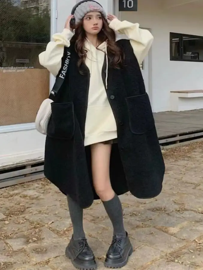 

Жилет из овечьей шерсти больших размеров (до 300 фунтов), модный свободный топ для женщин, осенне-зимняя верхняя одежда для повседневной носки