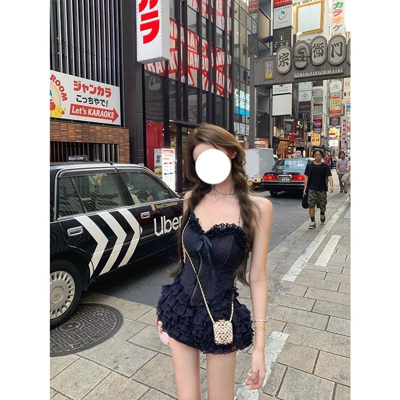 

Sweet Lace Embroidery One Shoulder Bustier Top with Short Skirt Two Piece Set Korean Style Summer Fashion for Women