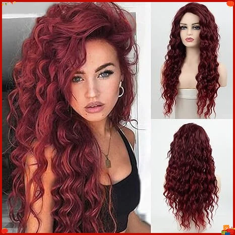 Fashion Long Curly Burgundy Synthetic Wig for Women Twist Braided Cosplay Party Hairpiece Heat Resistant Fiber Layered Hair