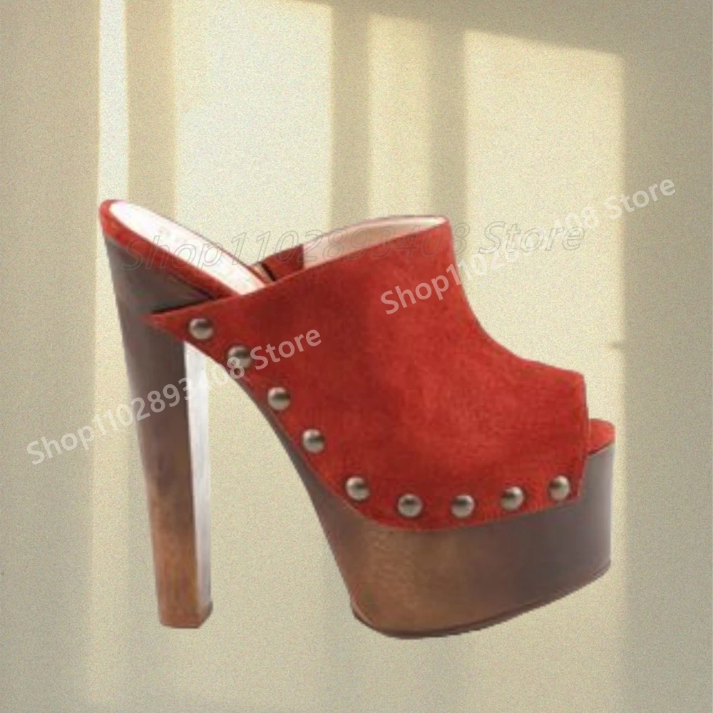 

Red Suede Side Rivets Decor Slippers Peep Toe Platform Chunky High Heel Fashion Hot Girls Women Shoes 2025 Summer Para Mujere