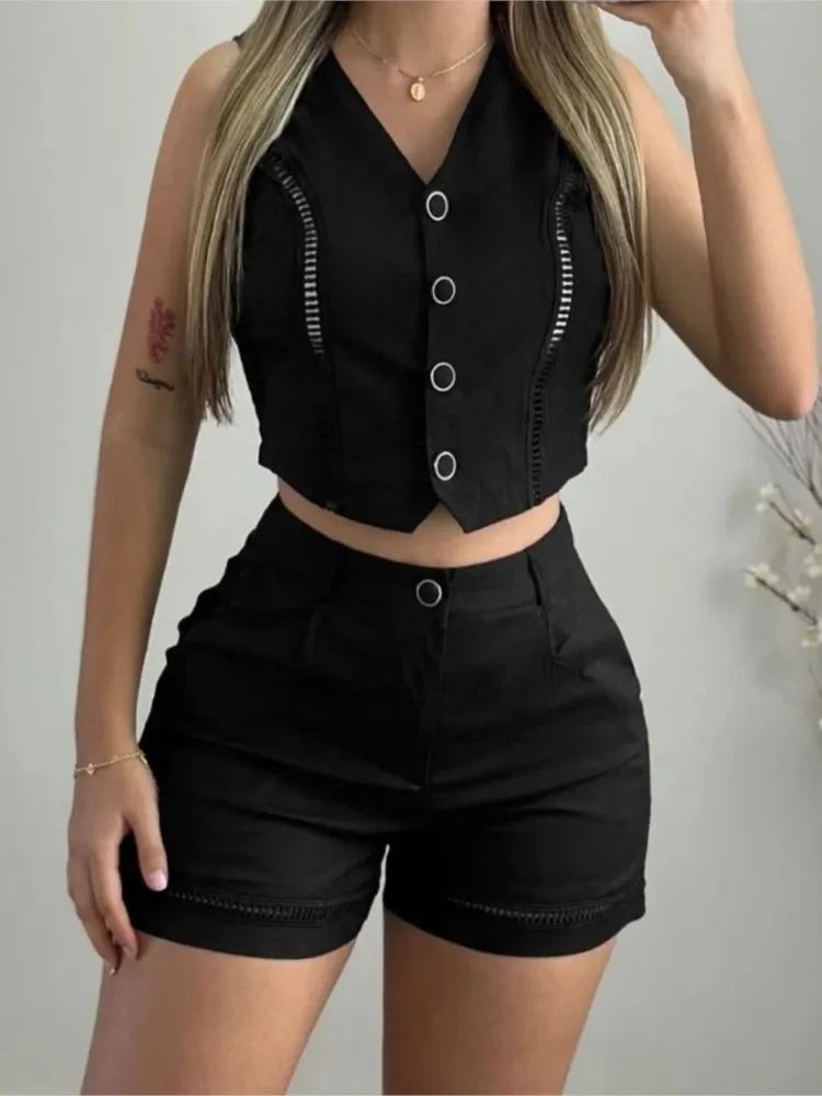 Sexy Two Piece Sets Women Outfit 2024 Summer Hollow Buttons Sleeveless V-Neck Vest Top & Pocket Shorts Set Solid Matching Set