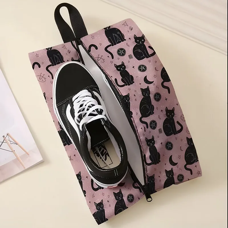 Portable Shoe Storage Bag with Cat Print Pattern, Featuring Zippered Design,Large-Capacity Travel Storage Bag That Can Be Hung