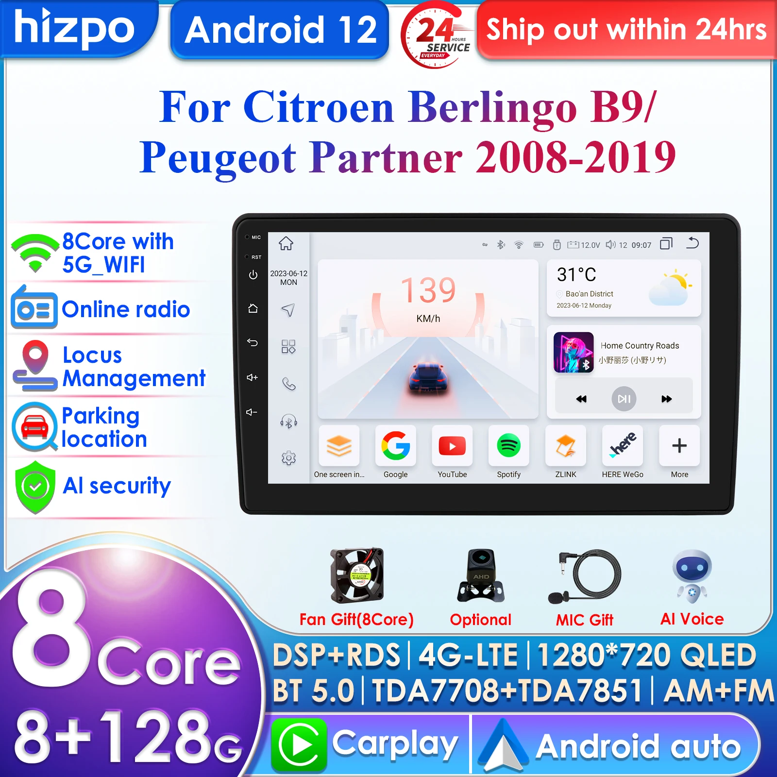 

Hizpo 4G 9'' AI Intelligent Systems Wireless CarPlay Android Auto Radio for Citroen Berlingo 2 B9 for Peugeot Partner 2008-2019