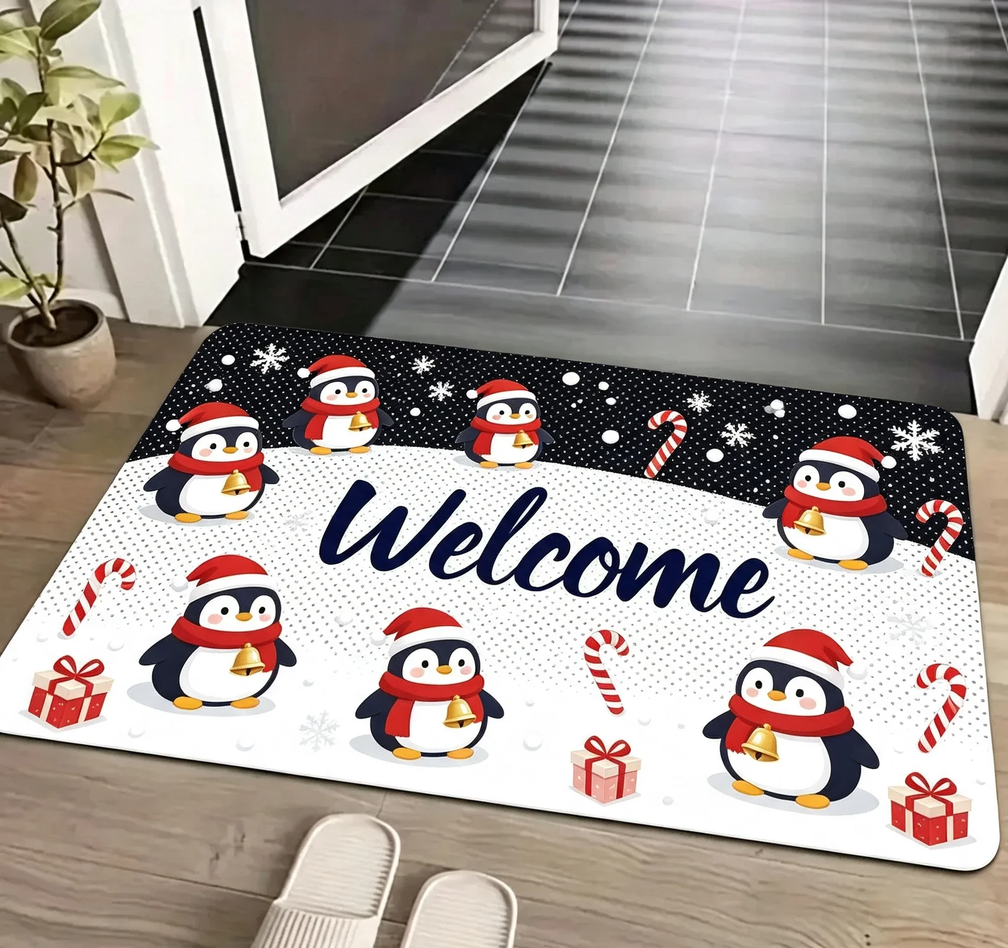 Gold Bell Red Bow Green Background Rug For Modern Holiday Setting Vibrant Print Warm Decorative Floor Mat